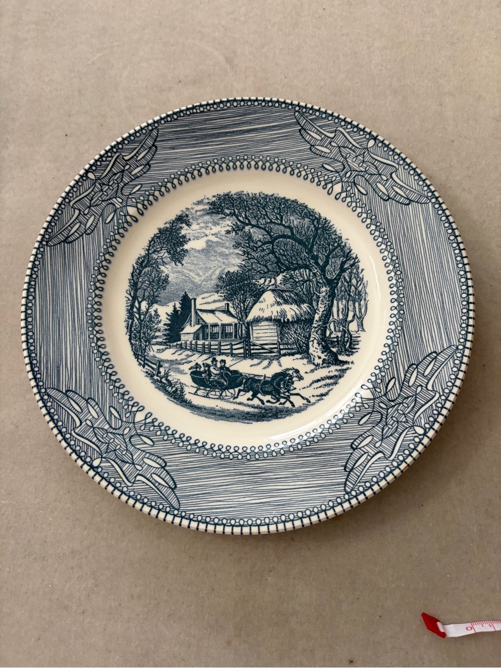 Blue and White Scenic Ceramic Dinner Plate with Winter Horse-Drawn Sled Motif